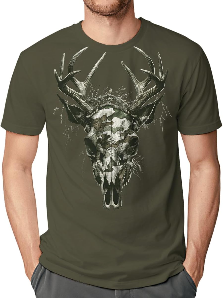 Mens Camo Deer T-Shirt Camouflage Deer Skull Graphic Tee Outdoor Hunting Streetwear Shirt - Deer Shirt Green3