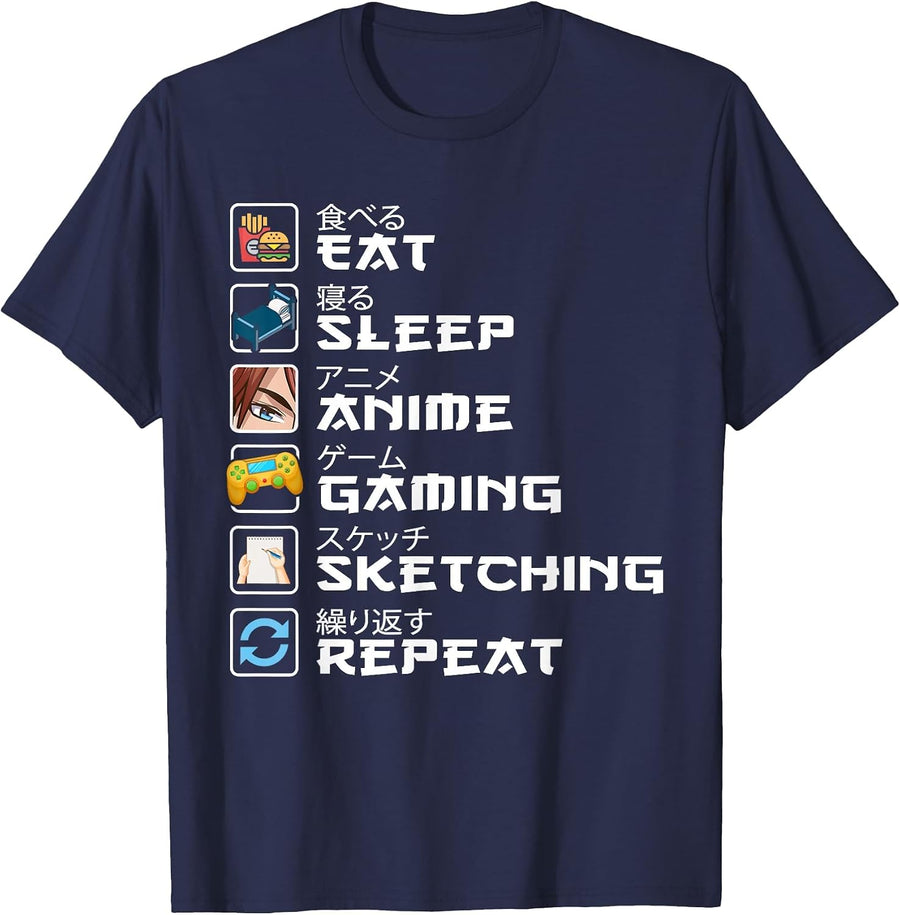 Eat Sleep Anime Gaming Sketching Kawaii Otaku Anime Manga T-Shirt - Navy Blue
