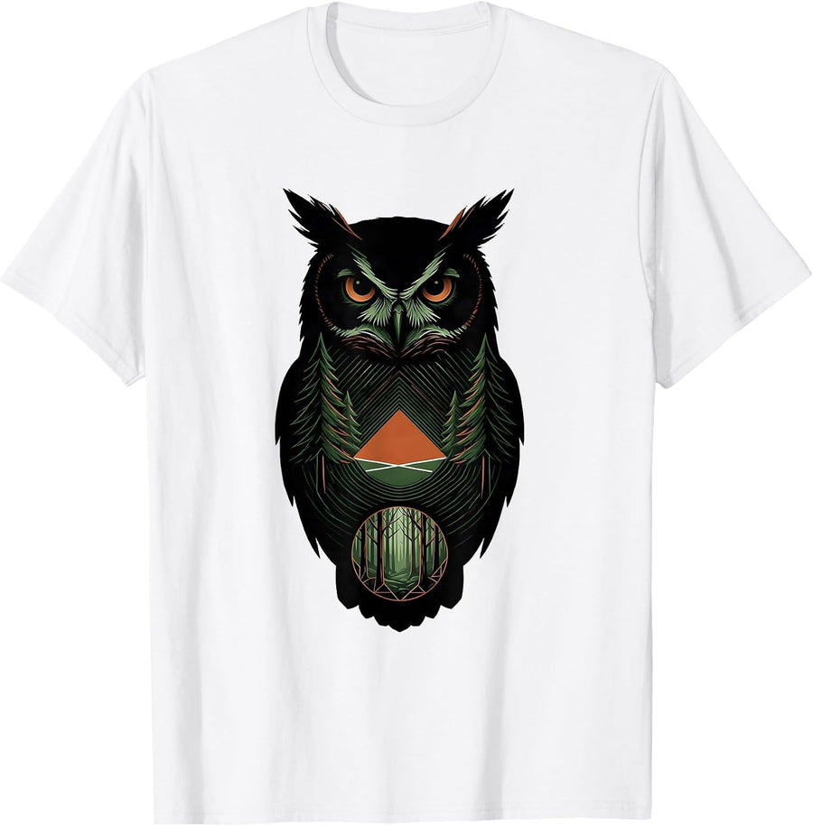Men's Solid Owl Geometric Forest Retro Nature Wildlife T-Shirt - White