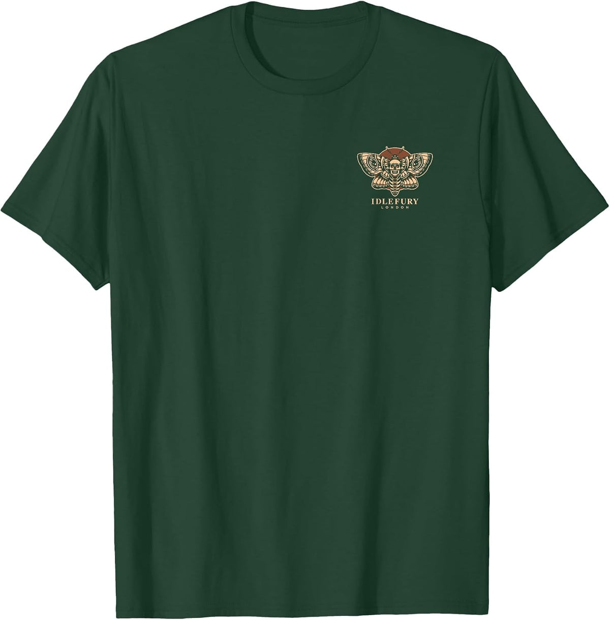 View Back Print Idle Fury Death Moth Skull Moth Butterfly T-Shirt - Dark Green