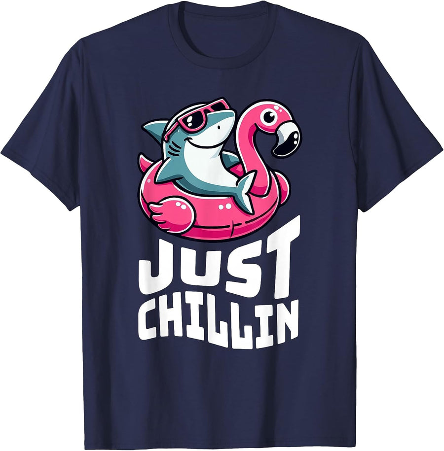 Funny Shark Just Chillin on Flamingo Float T-Shirt - Navy Blue