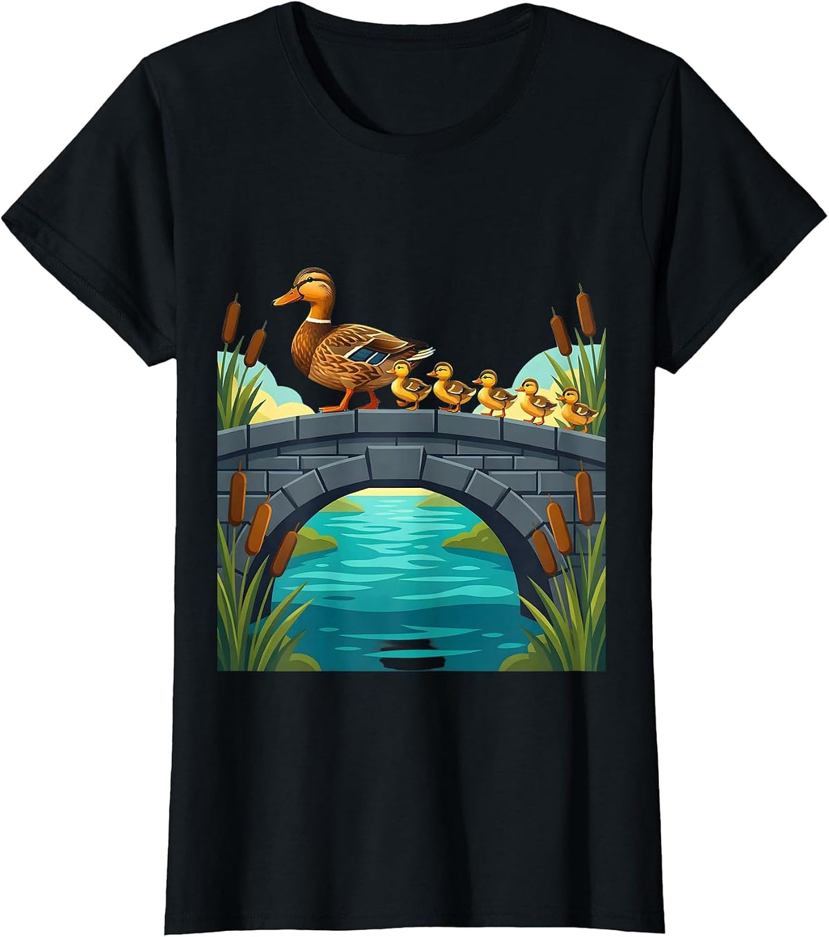 Family of Ducks Crossing Old Stone Bridge T-Shirt - Black