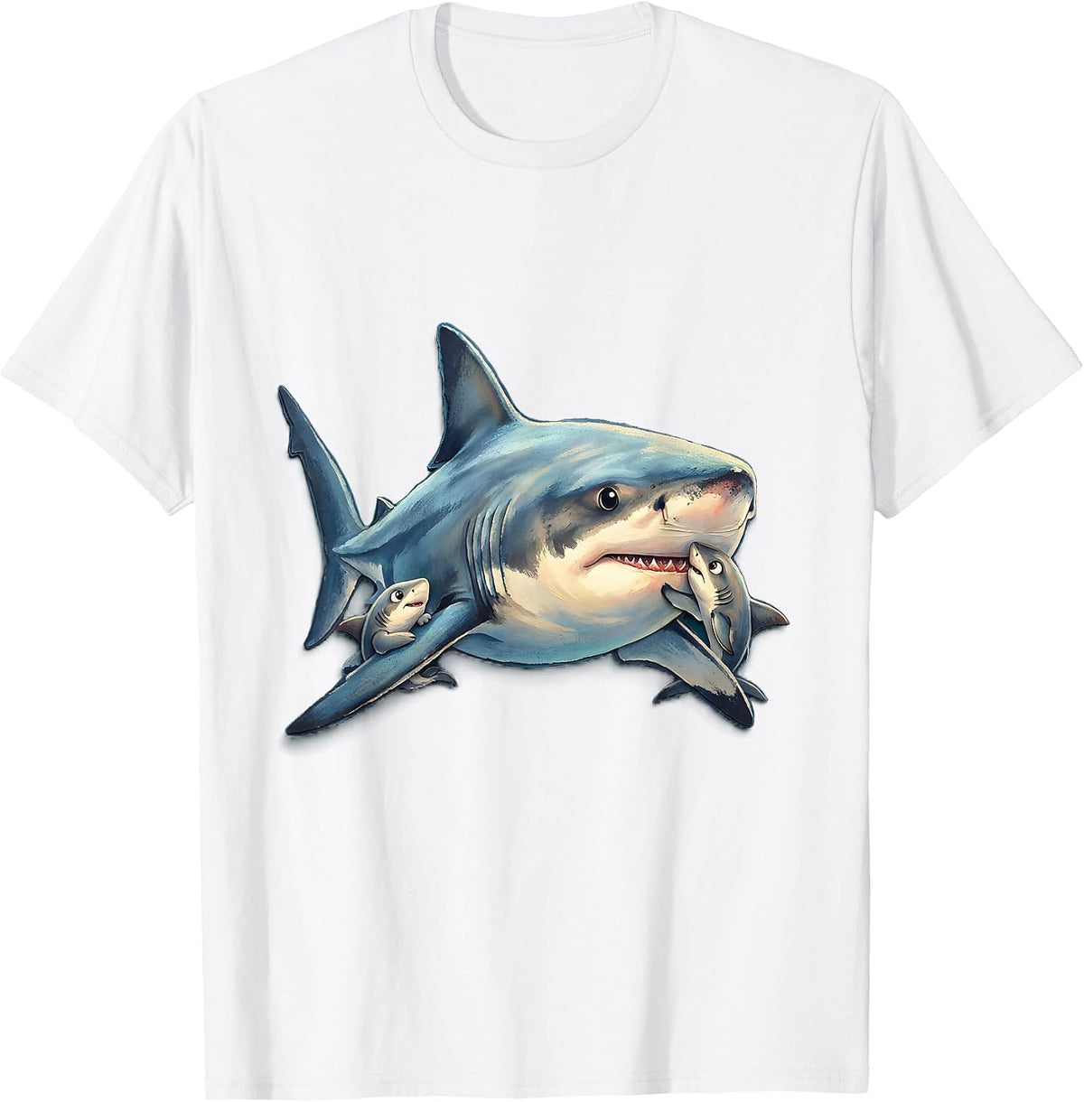 Men's Mommy Shark Mother and Pups Graphic Design T-Shirt - White