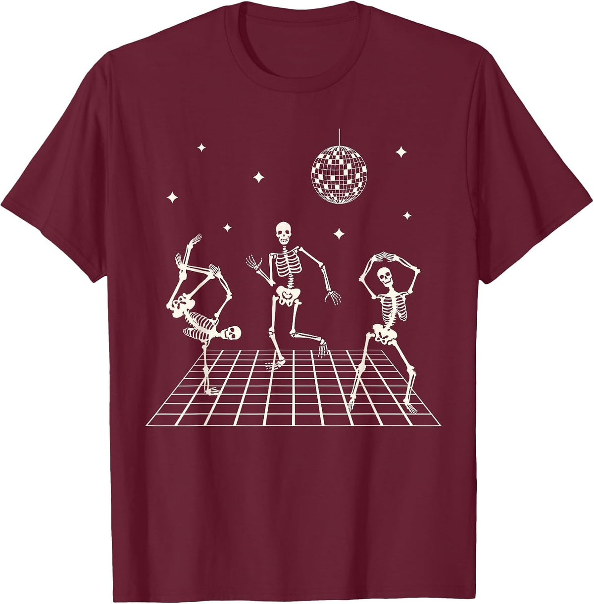 Skeletons Dancing at The Club with a Disco Ball Halloween T-Shirt - Burgundy