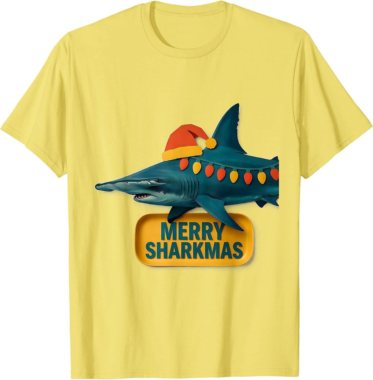 Men's Merry Sharkmas Paper Cutout Funny Animal Lover Christmas T-Shirt - Lemon Yellow