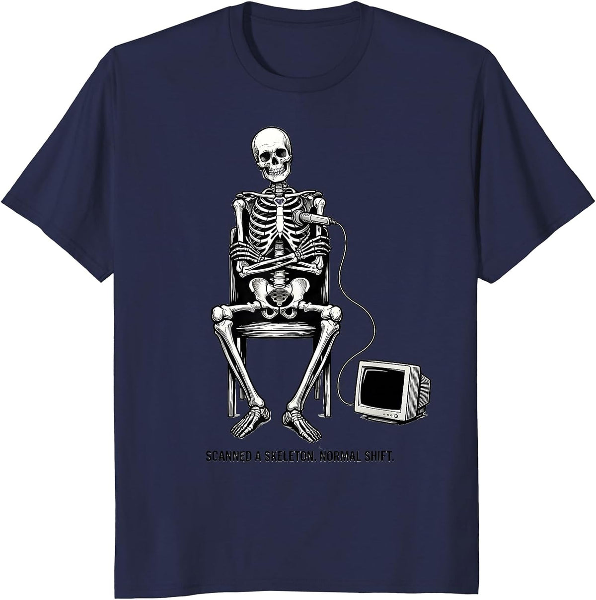 Men's Scanned A Skeleton Normal Shift Funny Sonographer Halloween T-Shirt - Navy Blue