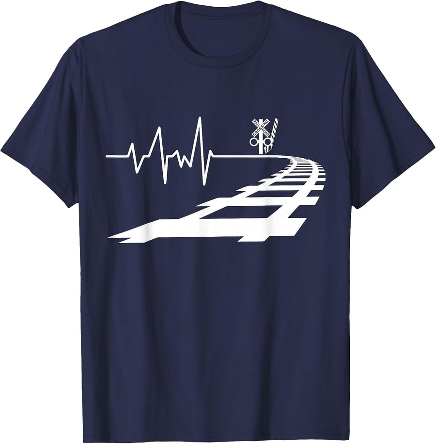 Heartbeat Railroad Crossing Trains Model Railway T-Shirt - Navy Blue