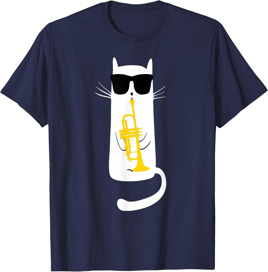 Funny Cat Wearing Sunglasses Playing Trumpet T-Shirt - Navy Blue