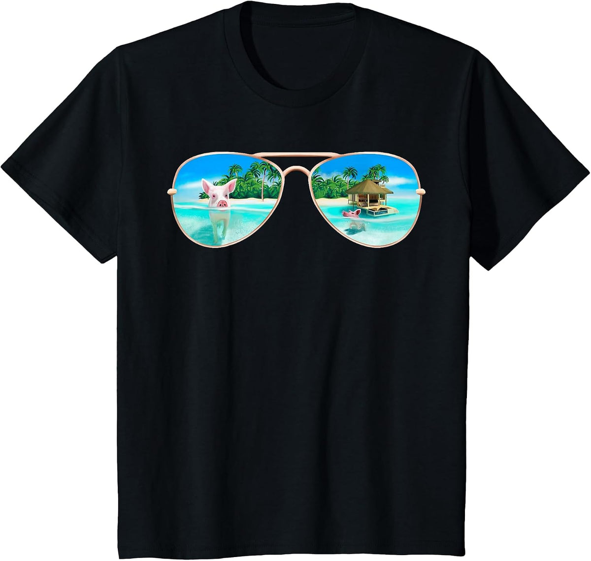 Swimming Bahamas Pigs T-Shirt Summer Vacation Sunglasses T-Shirt - Black
