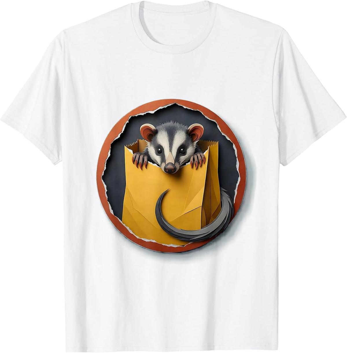 Sealed Opossum Badge Paper-Cutout Absurdist Humor T-Shirt - White