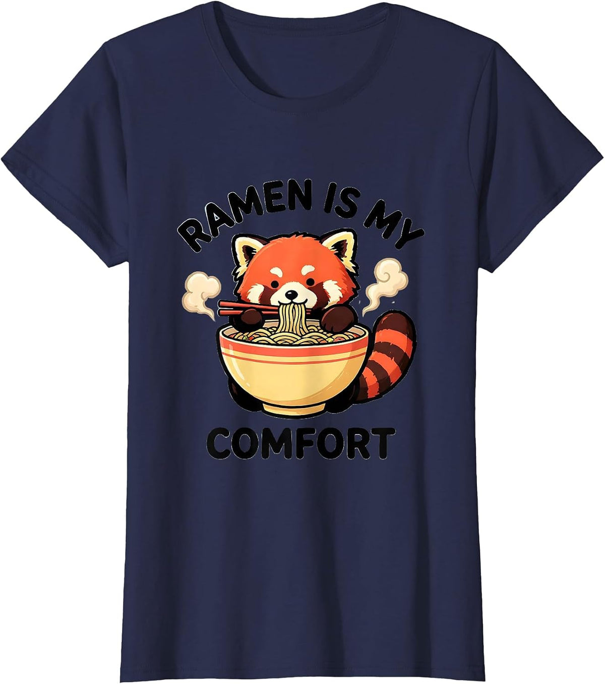 Women's Ramen Is My Comfort Cute Kawaii Red Panda Anime Animal Ramen T-Shirt - Navy Blue