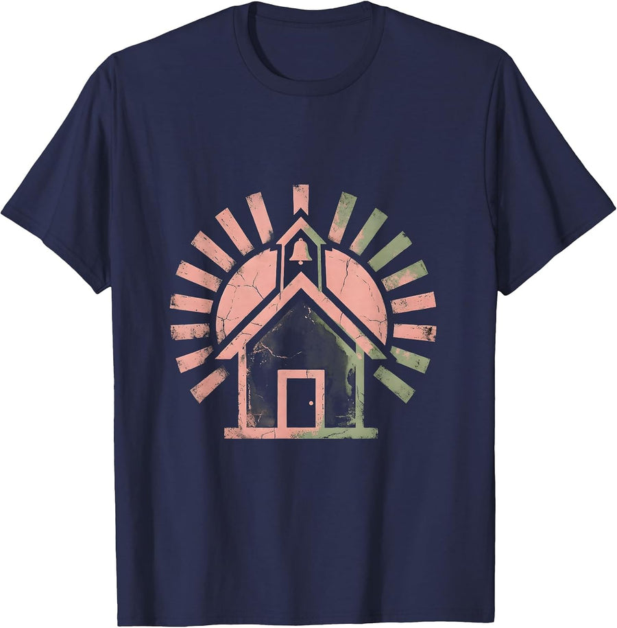 4th Grade Teacher Sunrise Schoolhouse Design T-Shirt - Navy Blue