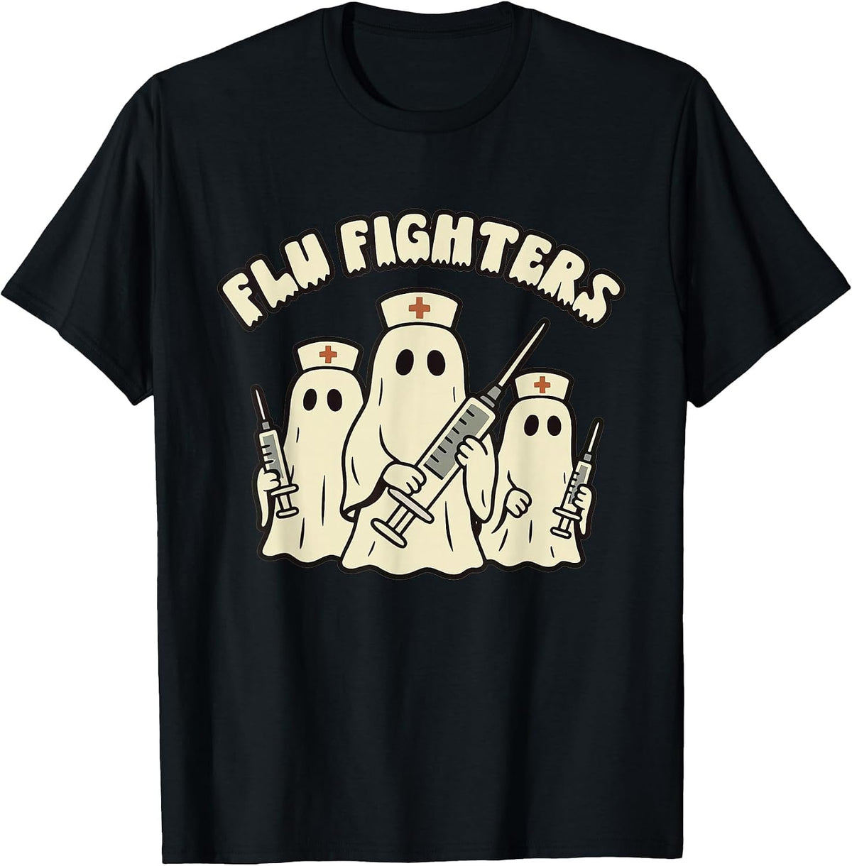 Retro Nurse Halloween Ghosts Flu Fighters ED PEDS RN T-Shirt - Black