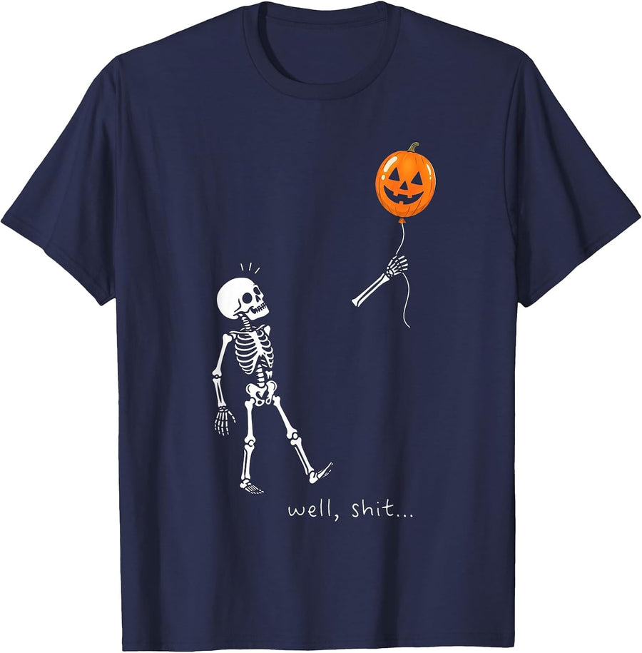 Well Shit Skeleton Holding Balloon Pumpkin Gothic Halloween T-Shirt - Navy Blue