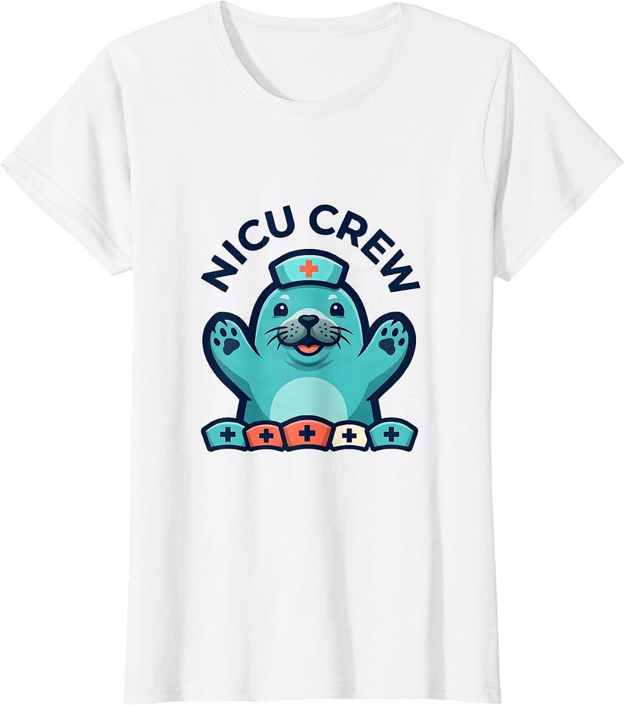 Women's NICU Crew Bold Seal Pup Nurse NICU Pediatric Nurse T-Shirt - White