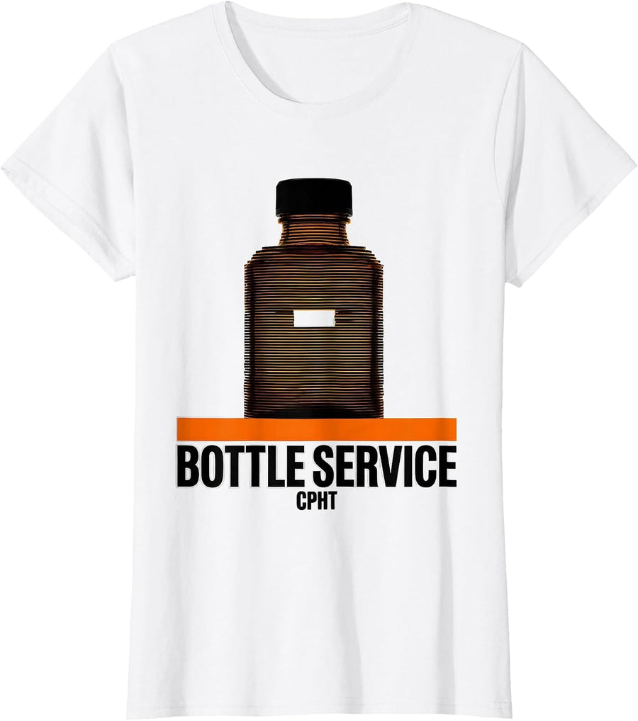 Women's Bottle Service, CPhT Brutalist Pharmacy Tech Humor T-Shirt - White