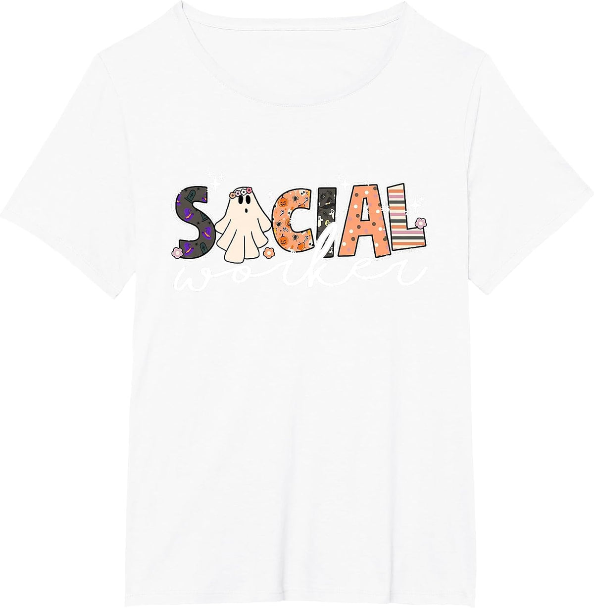 Social Worker Halloween School Social Work Retro Ghost Funny T-Shirt - White