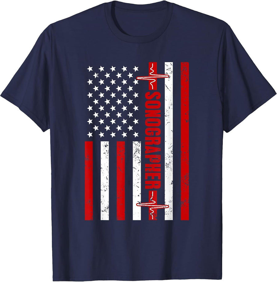 Patriotic Medical Sonographer American Flag Heartbeat USA T-Shirt - Navy Blue