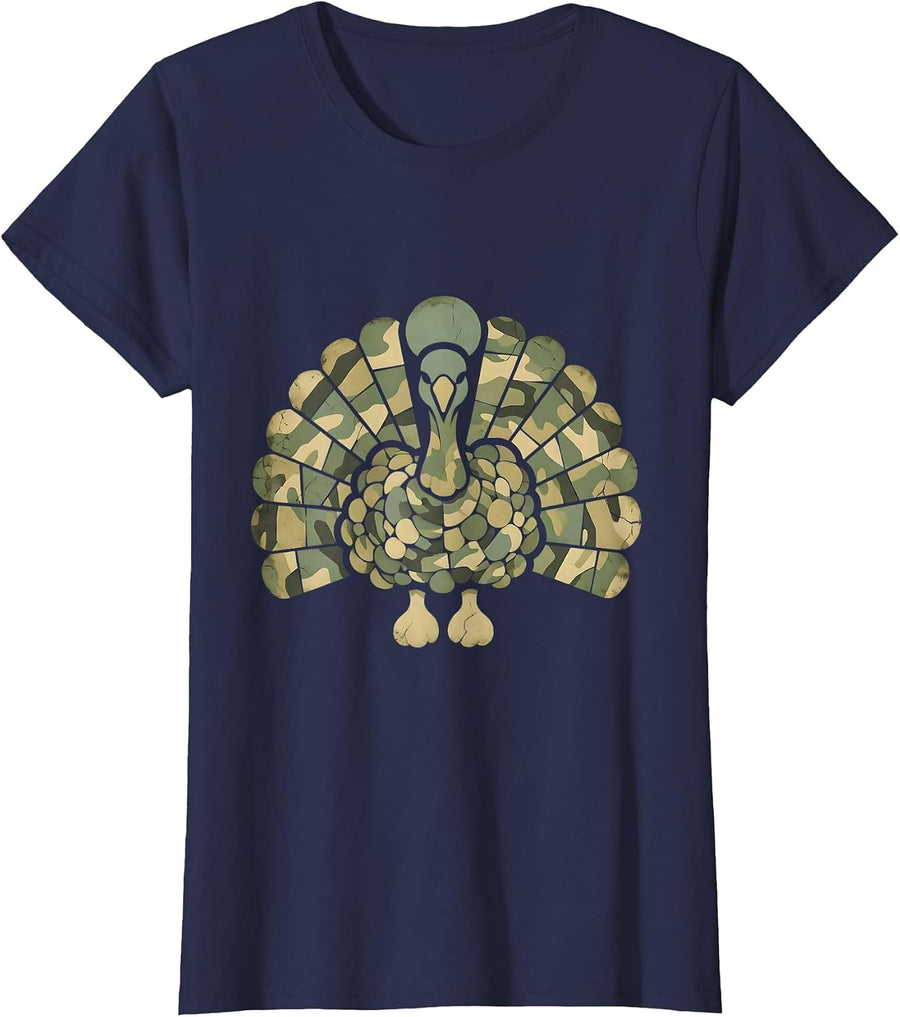 Camo Turkey Feather Fan Hunting Design T-Shirt, Women, Navy Blue, Medium - As Pictured