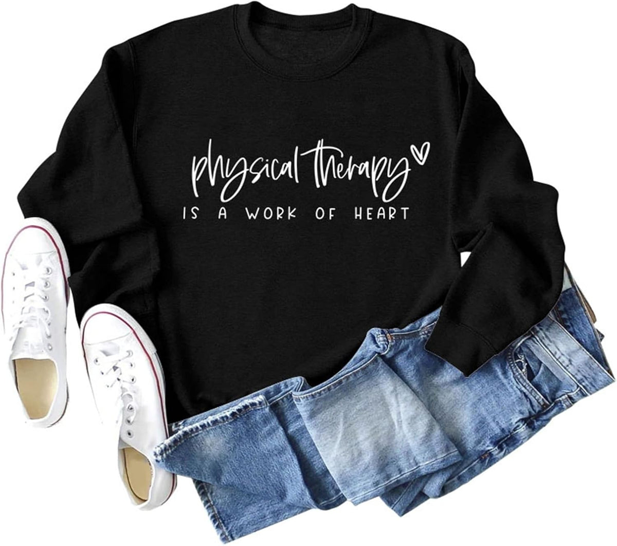 Physical Therapy is A Work of Heart Sweatshirt Womens Casual Long Sleeve Crew Neck T-Shirts Funny Letter Graphic Tops - Black