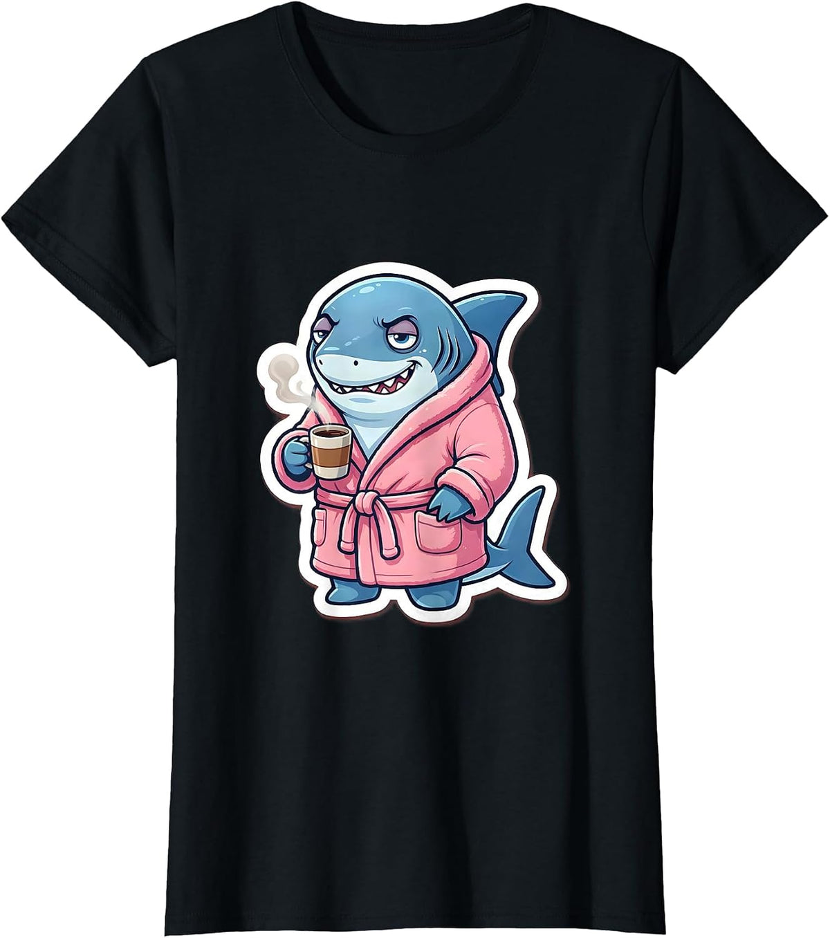 Women's Mommy Shark Coffee Robe Illustration T-Shirt - Black