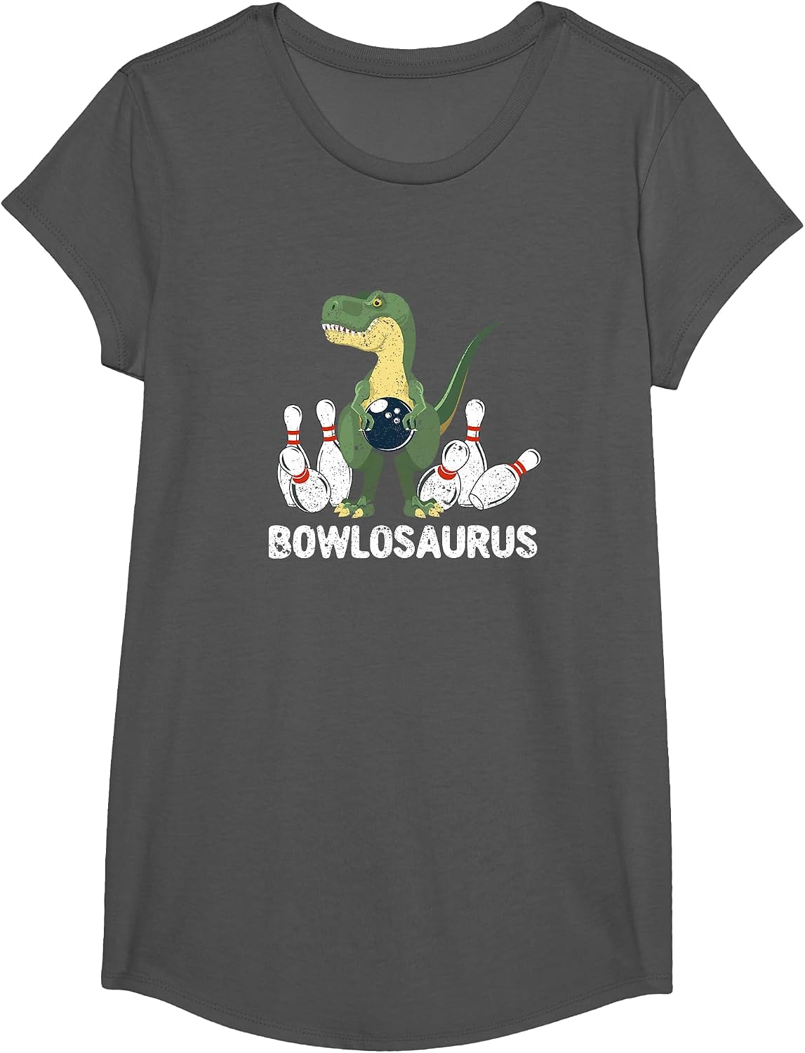 Funny Bowling Dinosaur Bowler Dino Bowl T-Rex Bowlosaurus T-Shirt - Girls Asphalt Grey