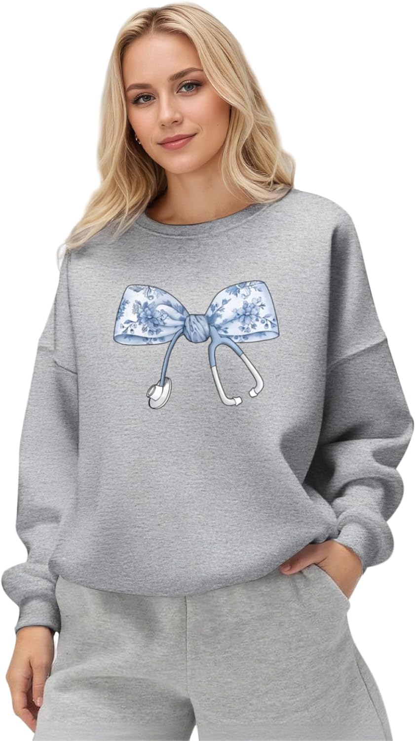 Nurse Sweatshirts for Women Bow Stethoscope Sweatshirt Floral Flower Long Sleeve Shirts Graphic Crewneck Pullover - Lightgray