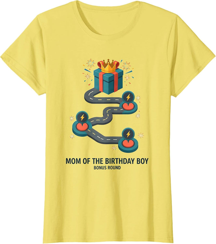 Mom Of The Birthday Boy Bonus Round Funny Gamer Mom Party T-Shirt - Lemon Yellow