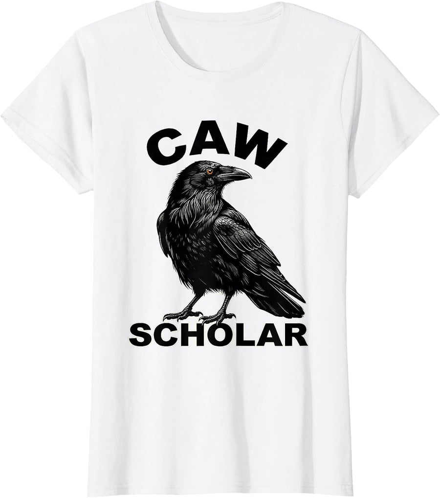 Women's Caw Scholar Scratchboard Gothic Crow Art Bird Lover T-Shirt - White