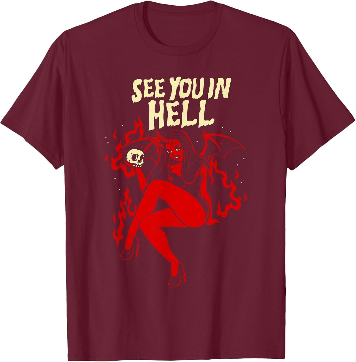 Horror Art - Sexy Goth Girl Succubus - Psychobilly Punk Art T-Shirt - Burgundy