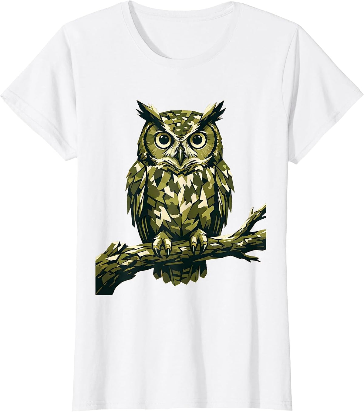 Camo Owl Perched on Branch Graphic Design T-Shirt - White