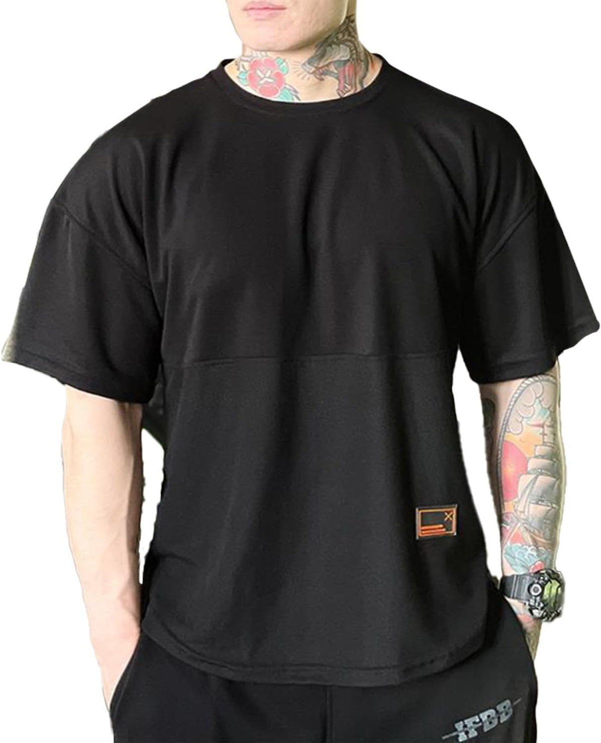 Mens Gym Workout Tshirt,Quick Dry Loose Fit Muscle Shirts,Athletic Short Sleeve Running Fitness Tee - Black
