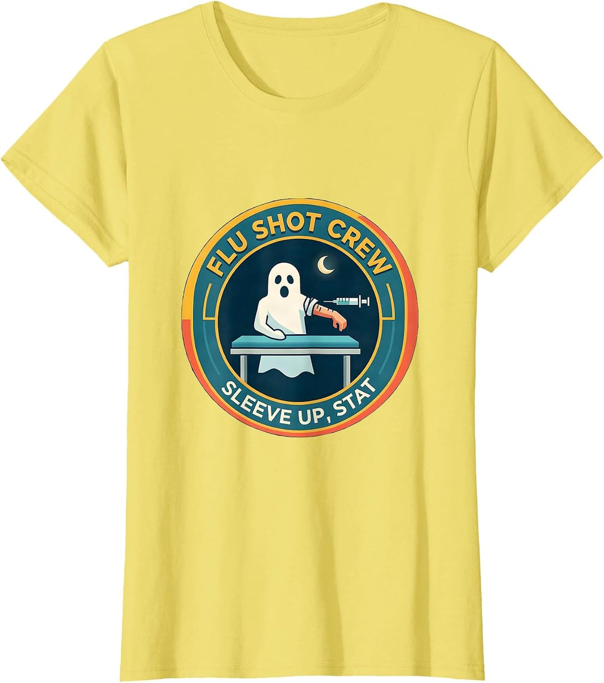 Flu Shot Crew Sleeve Up Stat Funny Halloween Nurse Ghost T-Shirt - Lemon Yellow