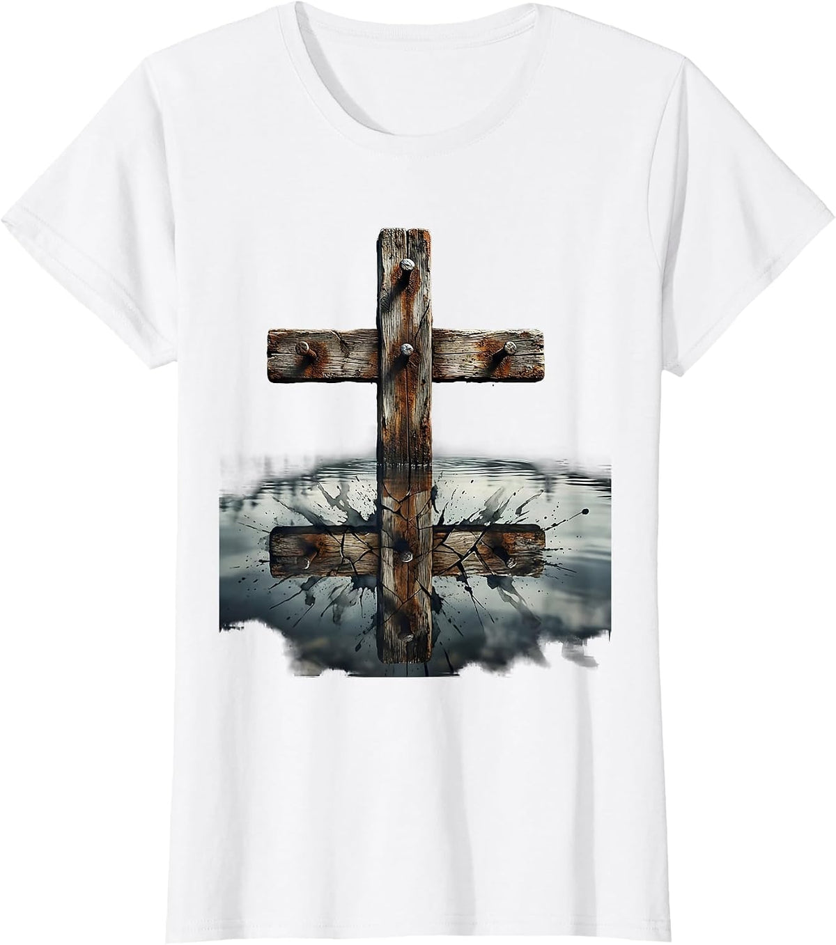 Three Nails Cross Reflection Christian Design T-Shirt - White