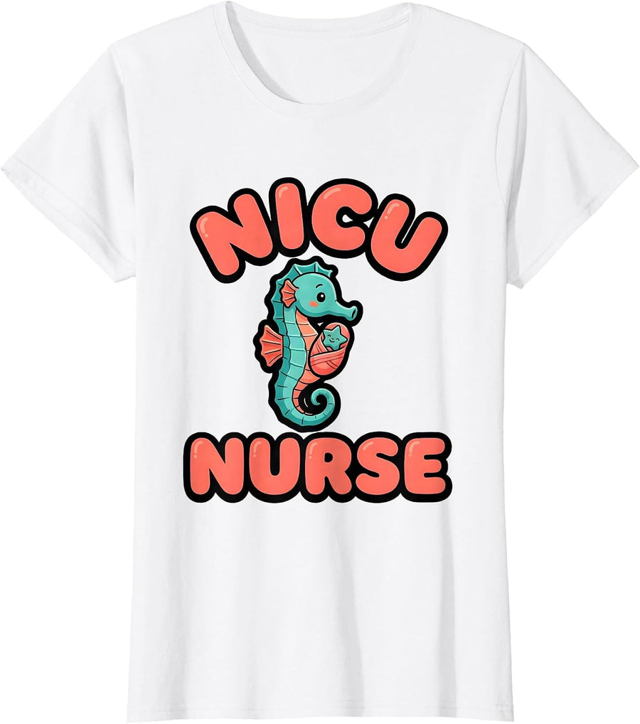 Women's NICU Nurse Cute Seahorse Pediatric Neonatal Intensive Care T-Shirt - White