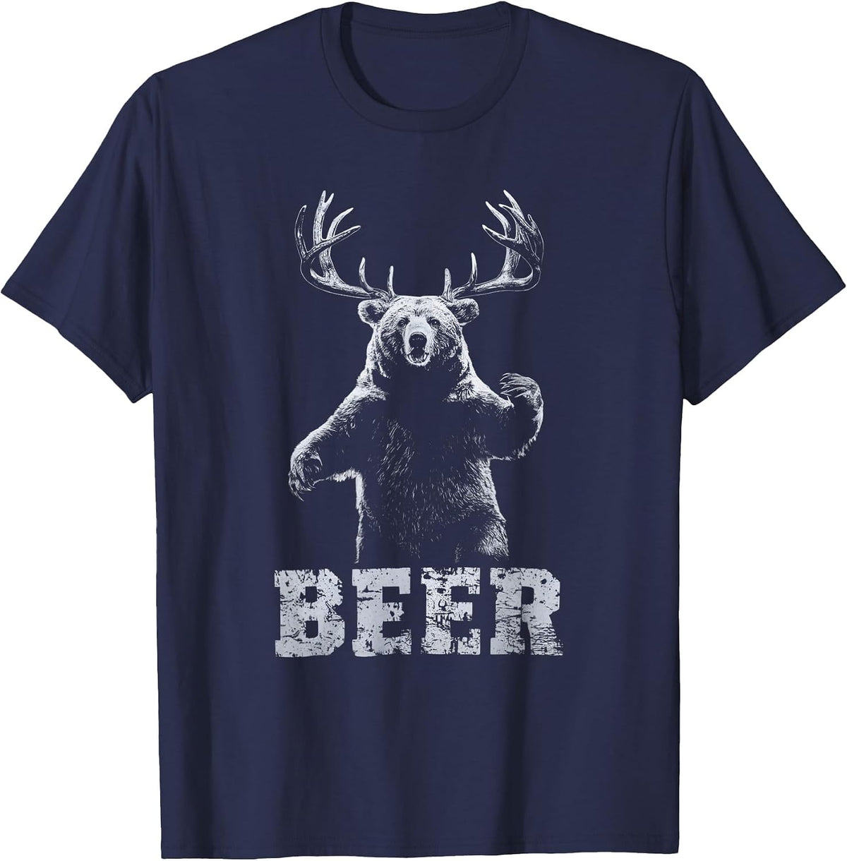 Vintage Bear Deer Hunter Funny Beer Drinker and Hunting T-Shirt - Navy Blue