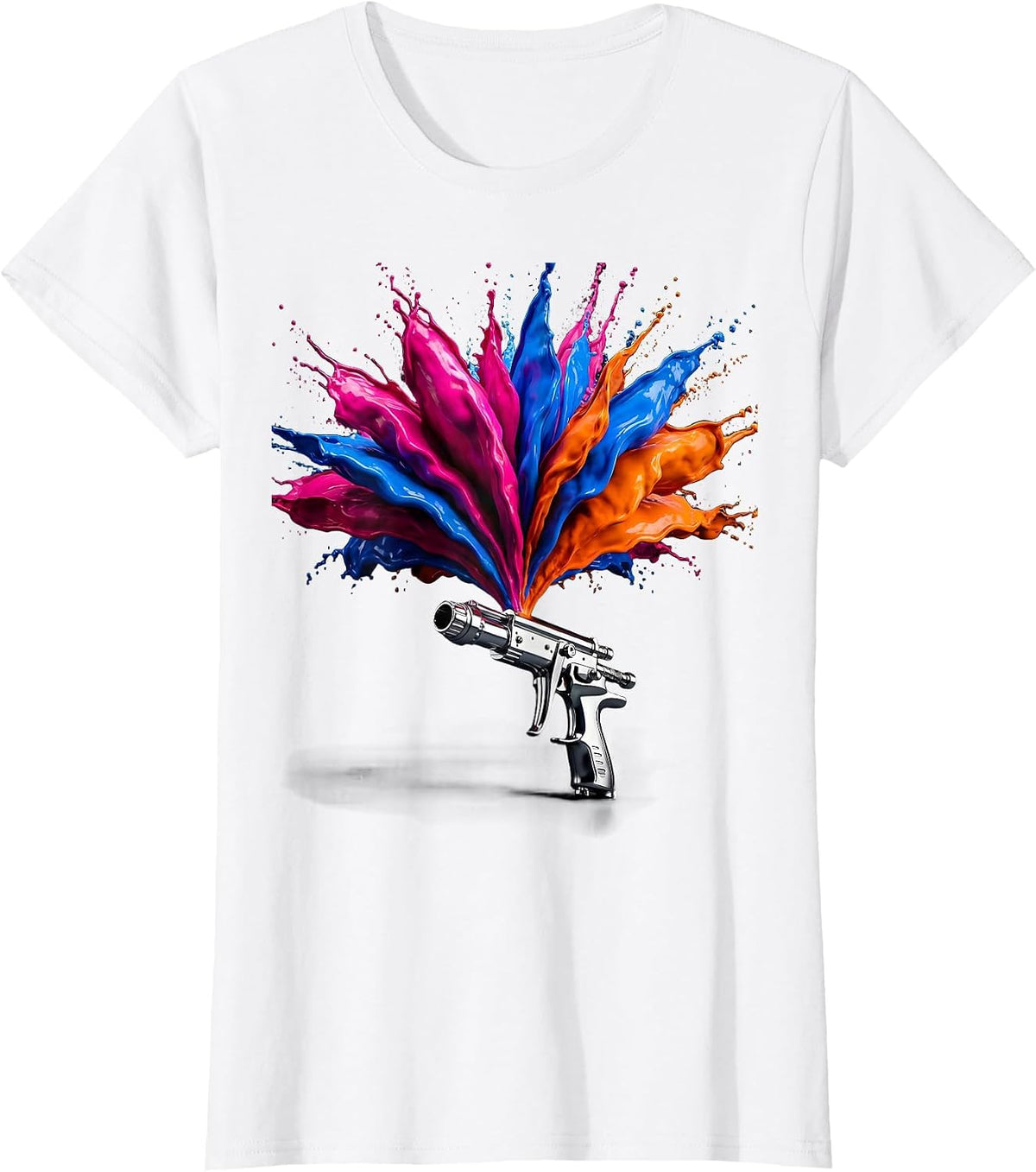 Women's Airbrush Gun Vibrant Color Burst Graphic T-Shirt - White
