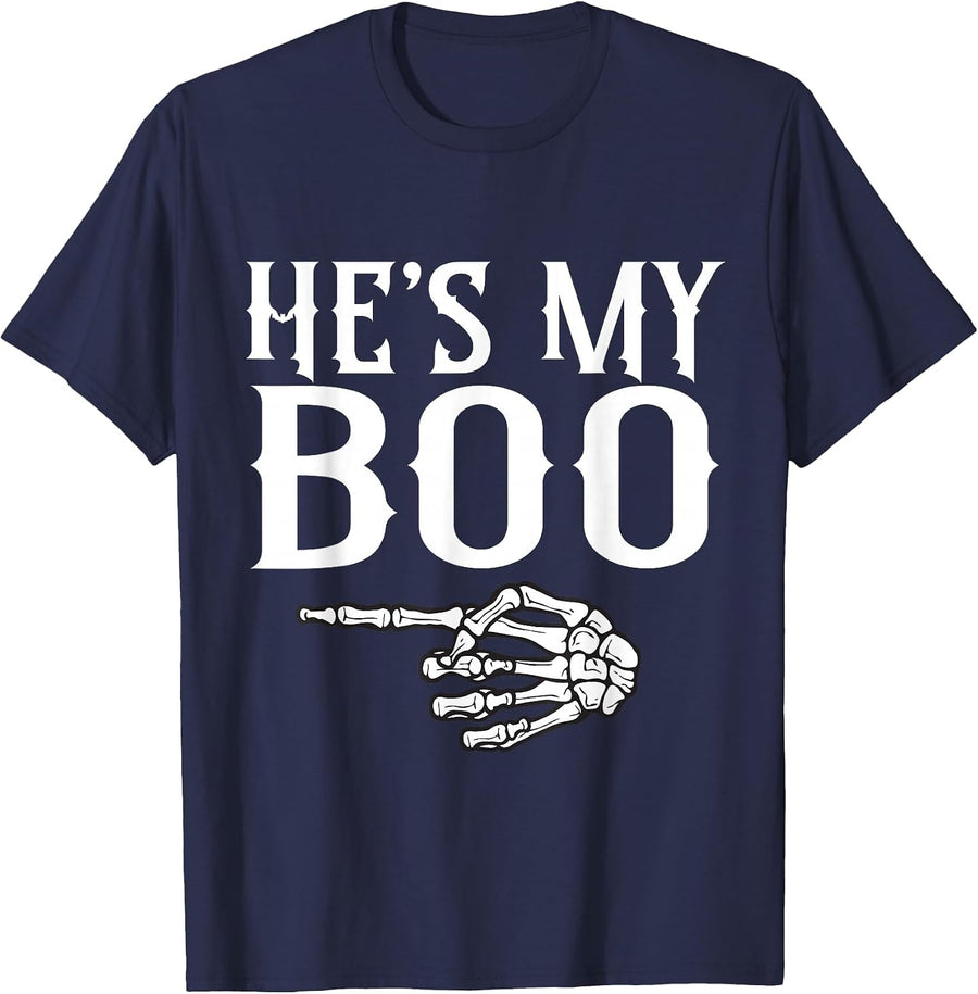 Couples He's My Boo Skeleton Matching Couple Halloween T-Shirt - Navy Blue