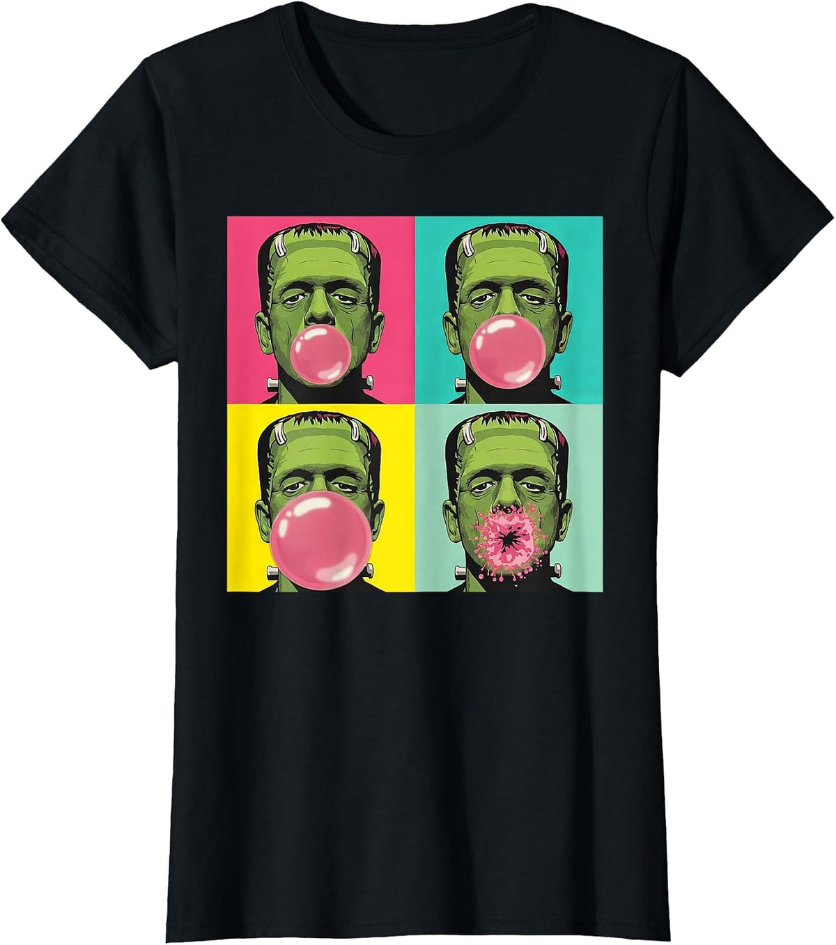 Frankenstein Monster Bubble Gum Funny Pop Art Halloween T-Shirt - Black
