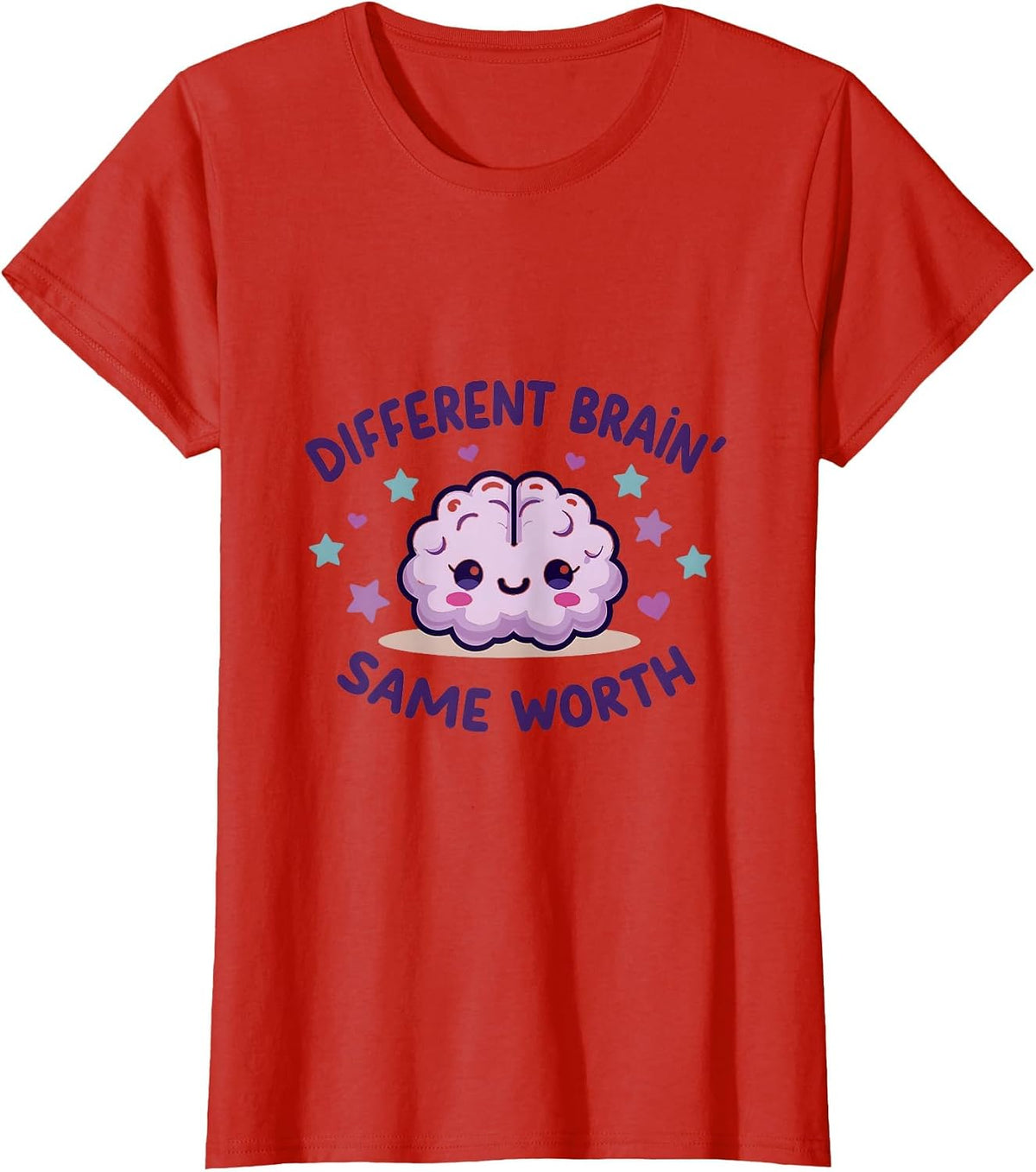 Different Brain Same Worth ADHD Awareness Design T-Shirt - Red