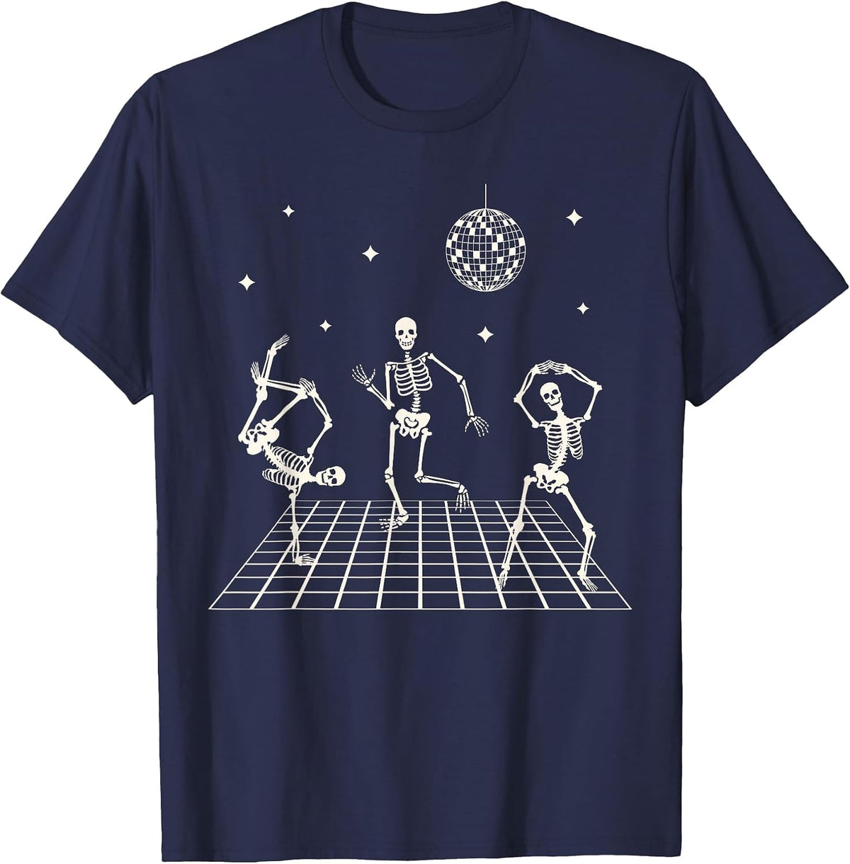 Skeletons Dancing at The Club with a Disco Ball Halloween T-Shirt - Navy Blue