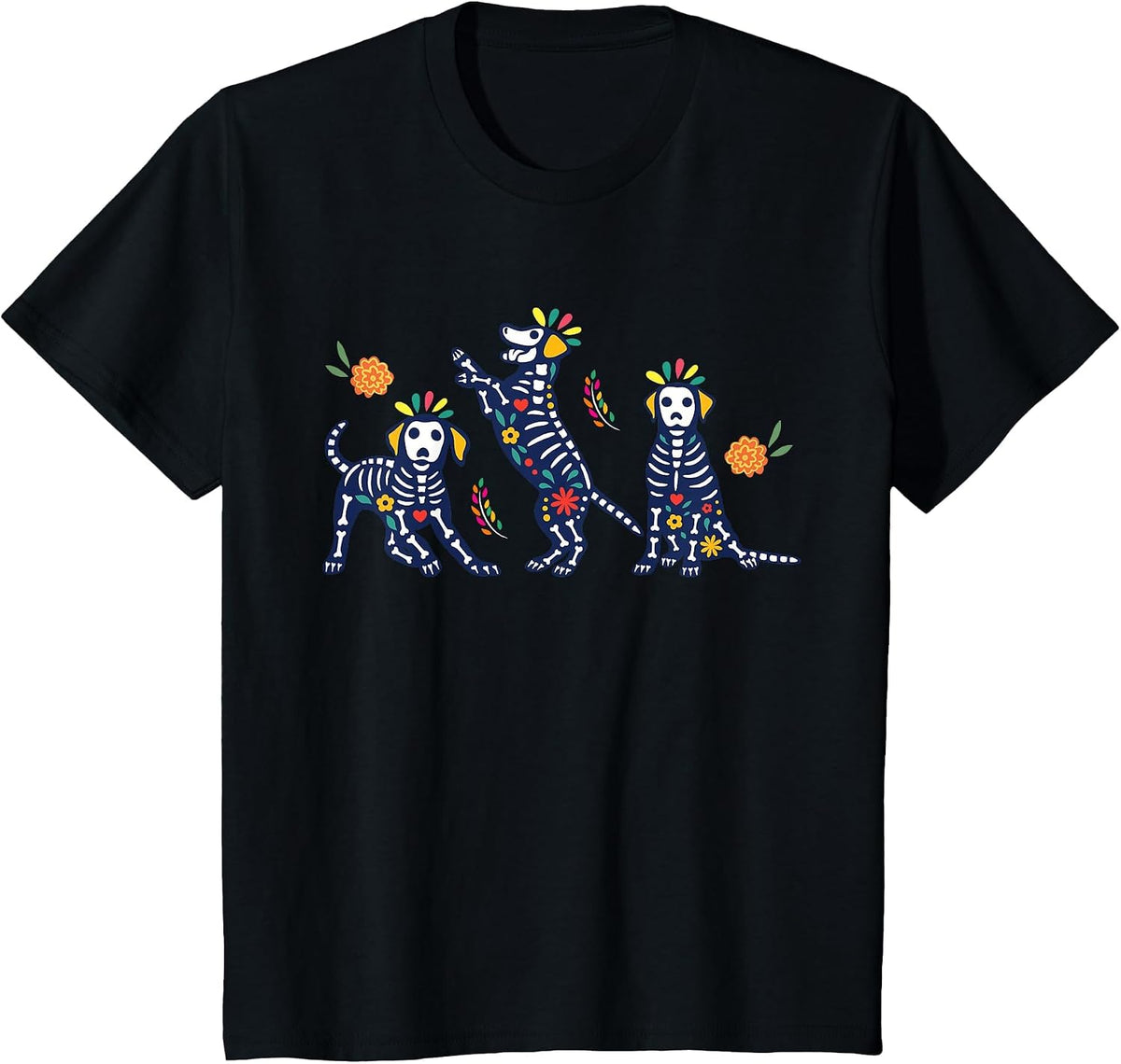 Day of the Dead Colorful Skeleton Dogs Mexican Halloween T-Shirt - Black