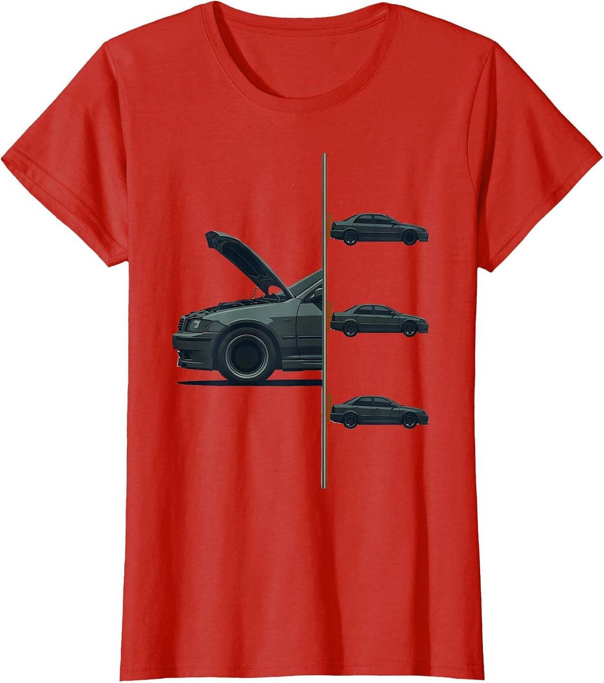 Split Garage Bay Mechanic Car Guy Deadpan Humor T-Shirt - Red