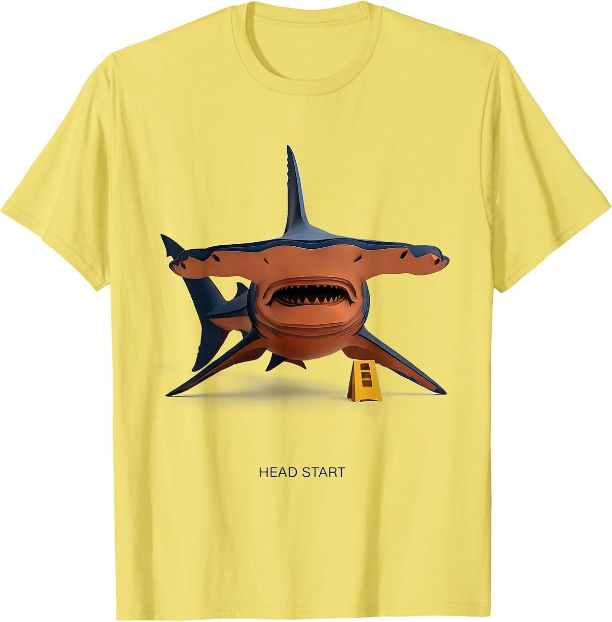 Men's Head Start Paper Cutout Funny Shark Lover Marine Biology T-Shirt - Lemon Yellow
