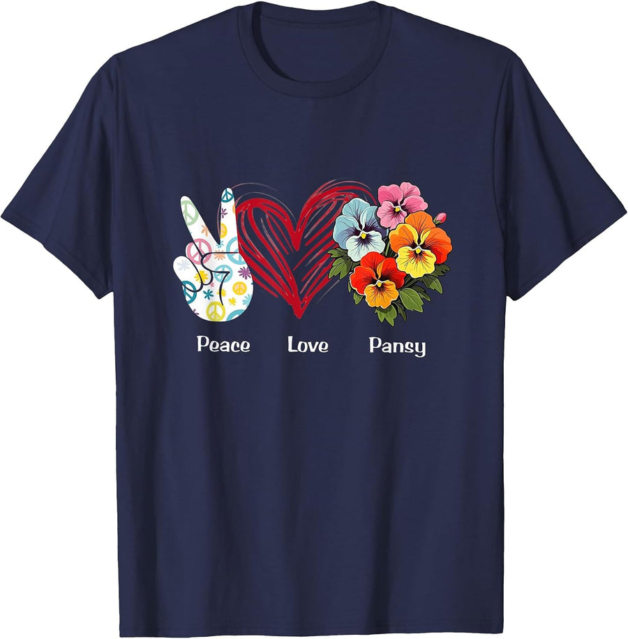 Peace Love Pansy Flower Hippie Pansy Lover T-Shirt - Navy Blue