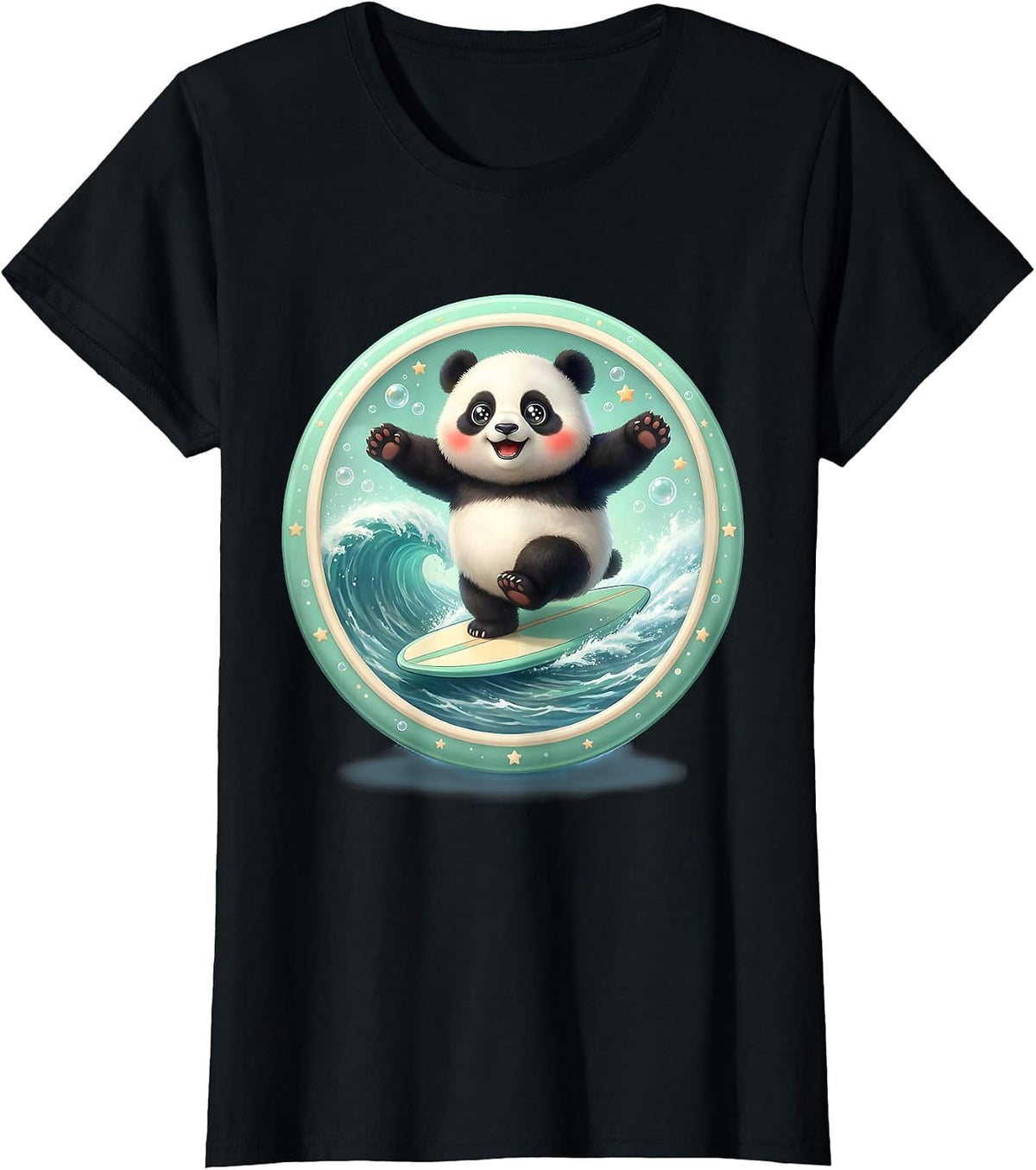 Panda Surfer Riding Massive Green Wave T-Shirt - Black