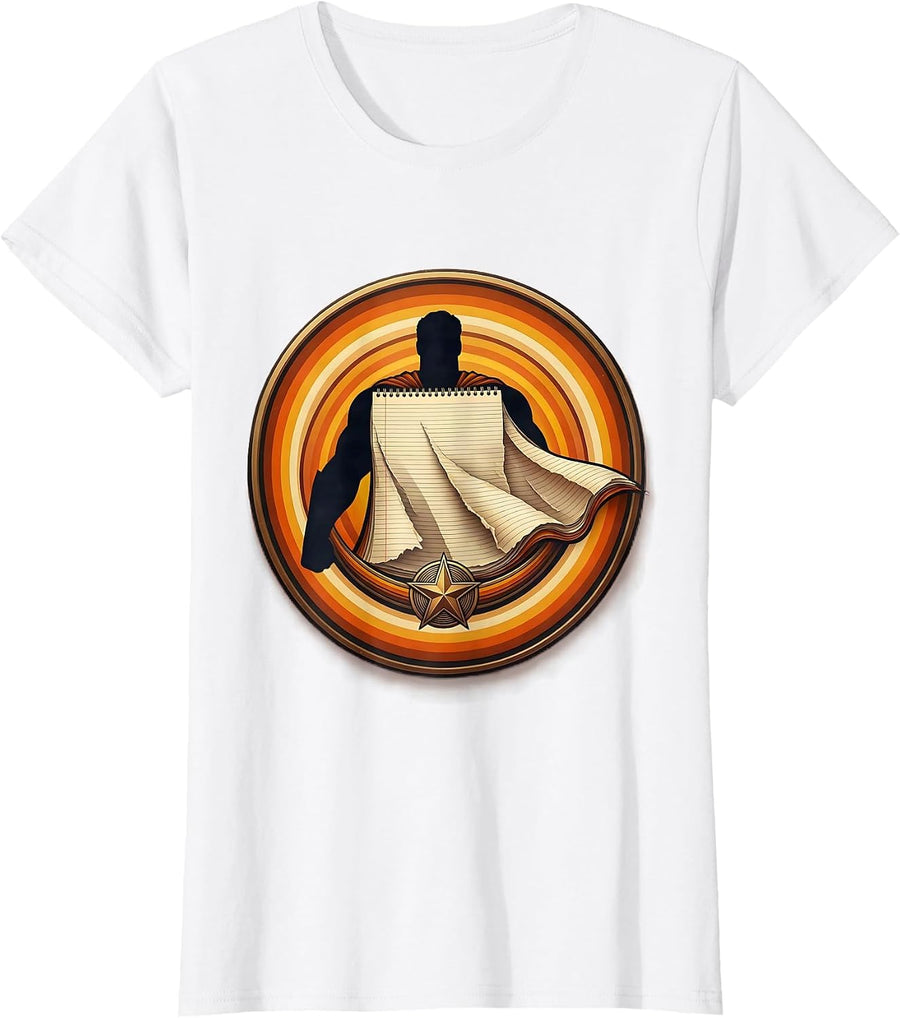 Women's Paraprofessional Superhero Notebook Paper Cape T-Shirt - White