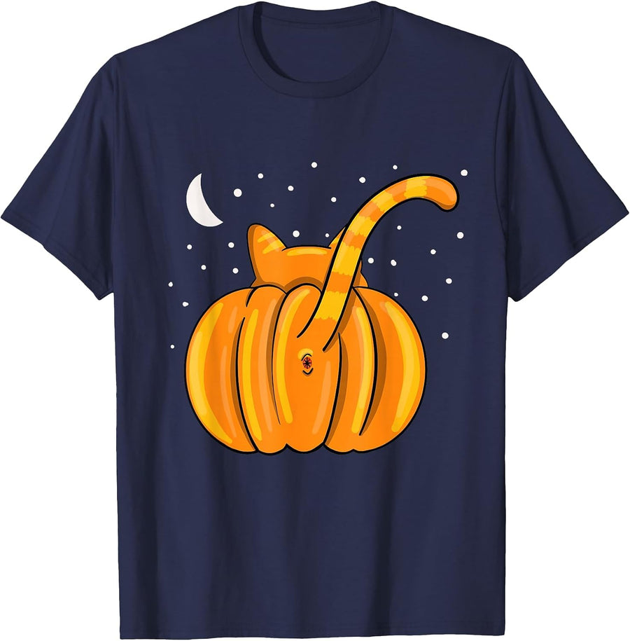 Funny Halloween Cat Butt Pumpkin Orange Tabby Lover T-Shirt - Navy Blue