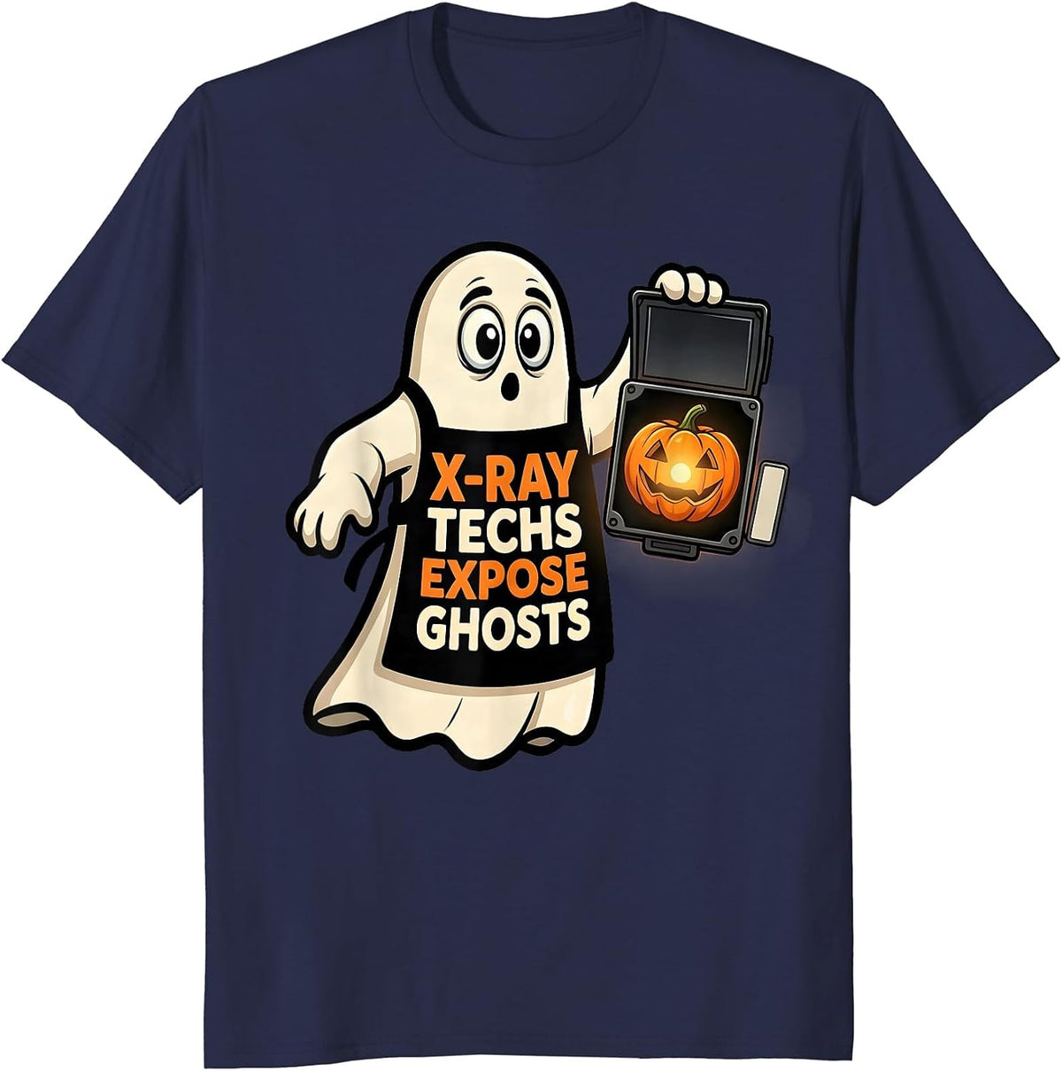Men's X-Ray Techs Expose Ghosts Cartoon Radiology Tech Halloween T-Shirt - Navy Blue