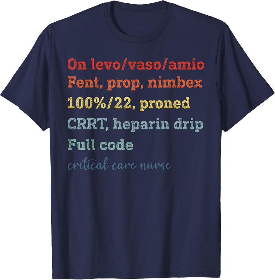yADb Critical Care Nurse Vintage ICU Nurse Nursing Life T-Shirt - Navy Blue